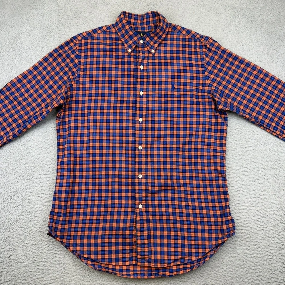 Ralph Lauren Shirt Mens Medium Blue Orange Check Button Down Long Sleeve Cotton